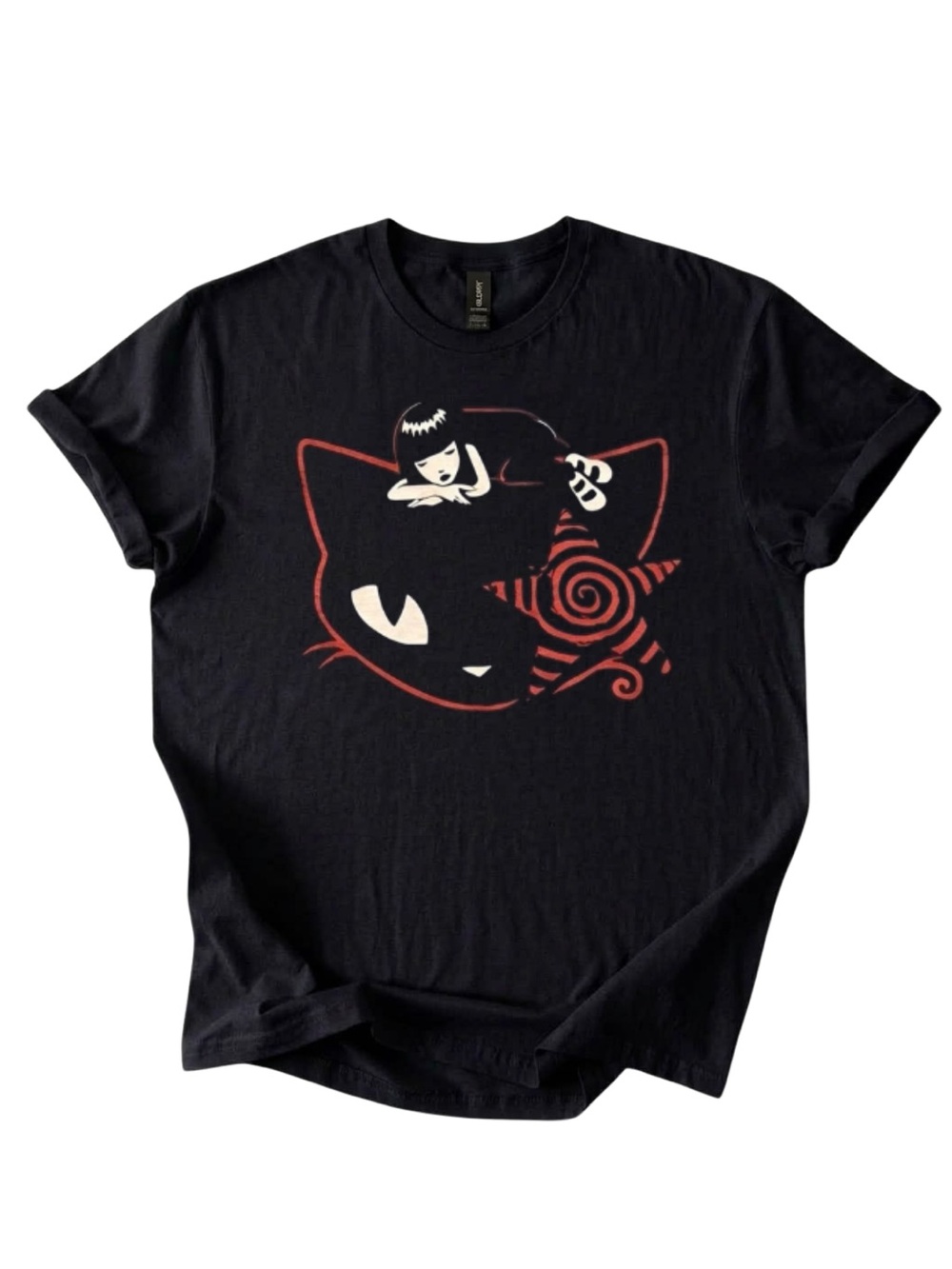 Gildan Black Cat Graphic Tee with Red Accents